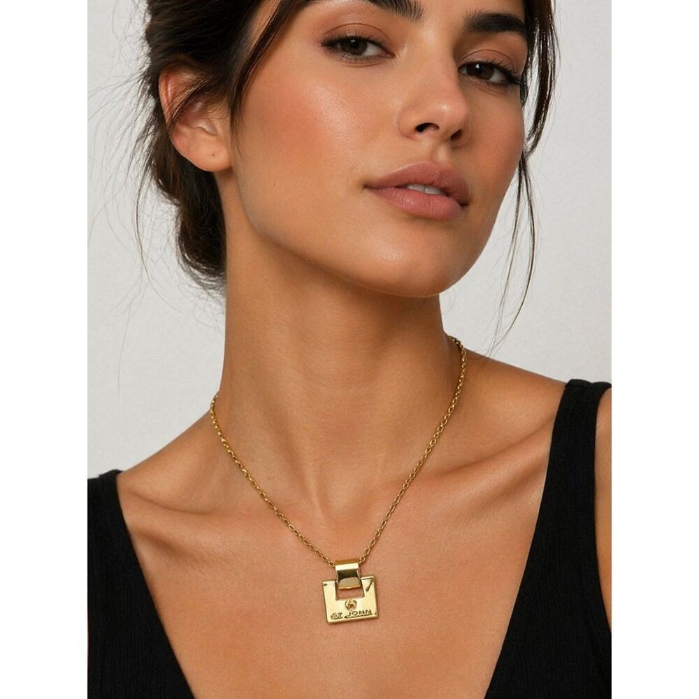 NWOT St. John Gold Tone Logo Square Pendant Necklace Designer Luxury